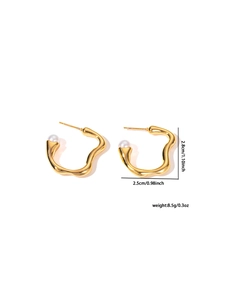 Detail of gold wavy hoop earrings with white round pearls including 2.8cm height dimensions