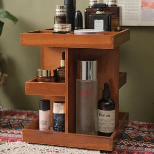 Rotatable wooden cosmetic organizer with multi-layer storage tiers for vanity desk