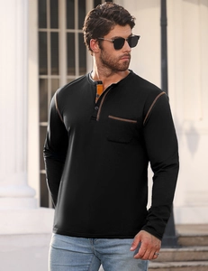 Detail of black long sleeve Henley shirt with button collar and contrast stitching
