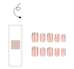 Detail showing 10pcs short square-oval fake nails with pink purple aurora mirror finish