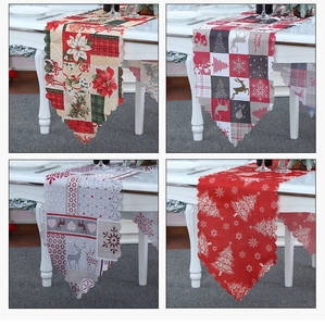 Collage of four festive Christmas table runners with reindeer and floral prints