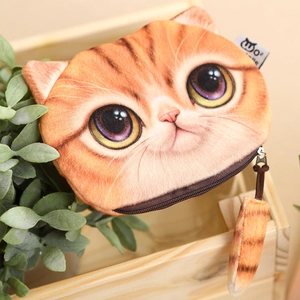 Cute plush orange cat coin purse with 3D ears and realistic ginger tabby fur pattern