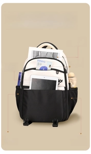 Detail view of large capacity multi-compartment backpack with iPad and water bottle storage