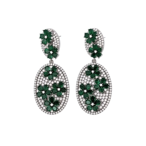 Vintage style floral drop earrings with green pear-cut stones and white zircon crystals