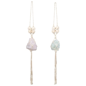 Handmade woven crystal stone pendant with natural rose quartz, wood beads and long tassels