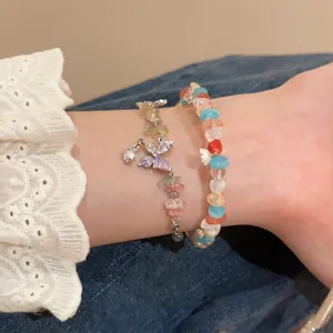 Sweet Colorful Acrylic Crystal Butterfly Charm Bracelet For Women Alloy Zircon Flower Pendant Adjustable Jewelry Accessory