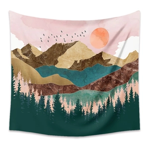 Detailed texture of bohemian tapestry with abstract mountain scenery and artistic patterns
