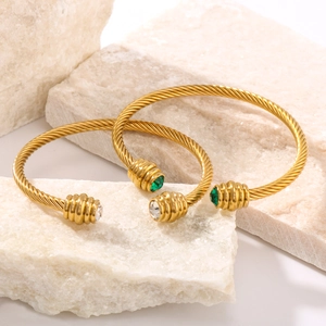 18k gold plated stainless steel C-shape twisted cuff bracelet with green and white gems