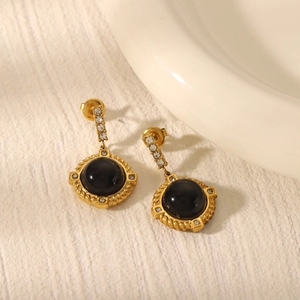 French Retro Obsidian Earrings 18K Gold Plated Stainless Steel Round Rhinestone Studs Vintage Jewelry Women