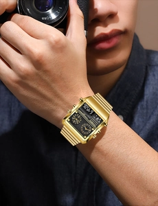 Men's gold dual display sports watch with metal strap on wrist featuring world map dial