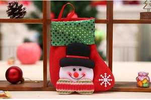 Close-up of red plush Christmas stocking with green sequins and a 3D snowman figure