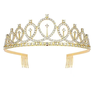 Golden birthday tiara crown with sparkling rhinestones and hair combs on white background