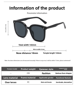 Detailed size chart of trendy sunglasses showing frame dimensions and technical specs