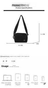 Detailed dimensions of a compact black crossbody bag with adjustable shoulder strap