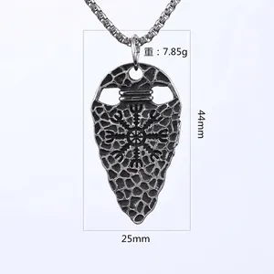 Vintage Viking compass arrowhead pendant necklace with Aegishjalmur symbol in aged silver