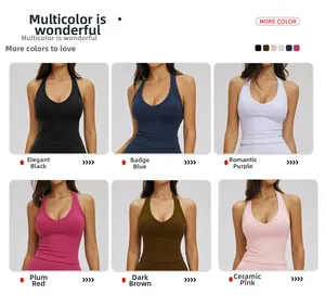 Collage of slim fit halter yoga vests in six colors with a V-neck and ribbed texture