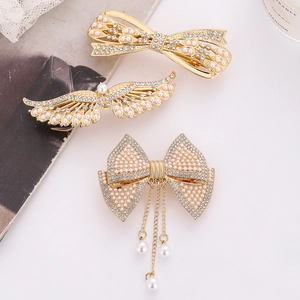 Elegant Bow Wings Hair Clips Alloy Artificial Pearl Rhinestone Shiny Headpiece Korean Style Fashion Accessories For Women