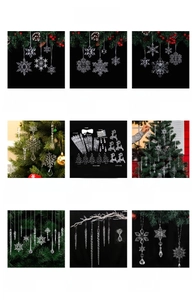 Detail view of assorted acrylic Christmas ornaments including snowflakes, icicles, and reindeer