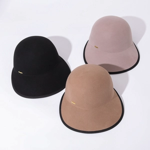 Classic wool cloche hats in black, pink, and khaki with gold logo for autumn and winter