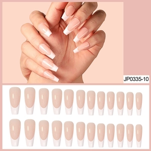 Glossy French Tip Press On Nails Long Coffin Ballerina Fake Nails Nude Pink And White Full Cover Manicure Decoration