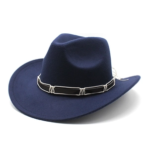 Navy blue wool felt fedora with braided band decoration and wide brim cowboy style
