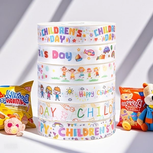 Children's Day themed white satin ribbons with colorful cartoon patterns for gift wrapping