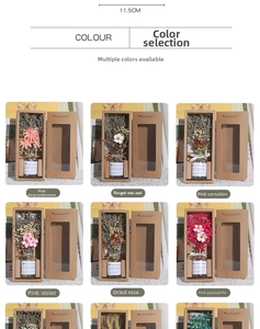 Detail view of dried flower gift sets in glass bottles with windowed kraft paper boxes