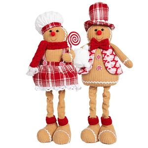 Detail view of telescopic legs on plush gingerbread man dolls with corduroy fabric