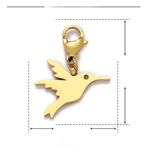 Detailed view of hummingbird pendant with dimensions 23mm x 17mm and lobster clasp