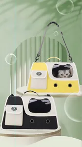 Macro shot of breathable cat carrier bag with cat head window and brand logo detail