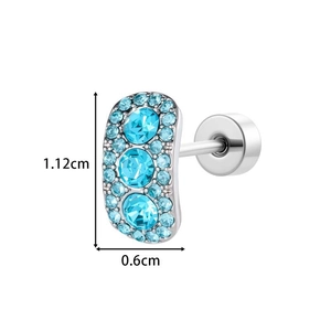 Curved silver cartilage stud earring with blue zircon gemstones, size 1.12cm x 0.6cm