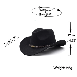 Chapeau de cowboy noir en laine avec ruban tressé marron et détails des dimensions