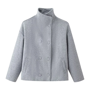 Detail of grey wool coat showing double-breasted buttons and high collar texture