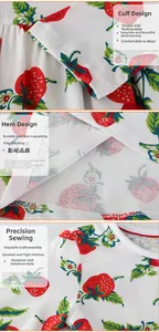 Detail shots of cotton strawberry print girl dress showing neat cuffs and hem stitching