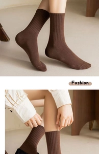 Detailed texture of dark brown cotton crew socks with vertical ribbed knit pattern