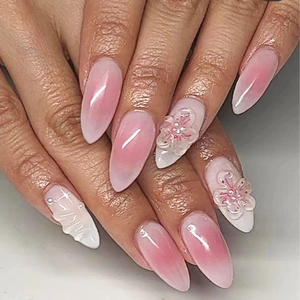 Almond Press On Nails Pink Gradient Peach Blossom Design With 3D Embossed Flowers Artificial Pearls Glossy Artificial Finger Nails