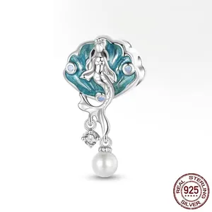 Pendentif sirène en argent S925 avec émail bleu, perle blanche et zircon étincelant