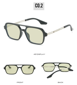 Black double bridge square sunglasses with yellow lenses shown in three-view studio display