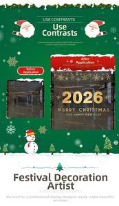 Detail of gold Christmas window sticker with snowflakes and 2026 festive holiday text