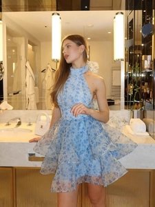 Close-up of blue floral dress featuring a halter neck and layered ruffle hem detail