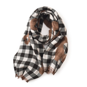 Classic black and white checkered scarf with brown polka dots and fringe tassels