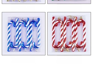 Set of 6 spiral candy cane Christmas ornaments in gold green blue and red with hanging strings