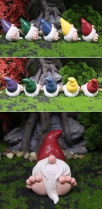Nahaufnahme von fünf bunten Zwergen aus Harz mit feiner Textur und langen weißen Bärten im Garten