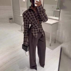 Y2K plaid long sleeve short top with deep V-neck and stylish brown wide leg trousers