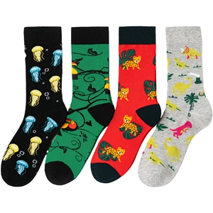 Pack de 4 chaussettes en coton avec motifs de méduses, forêt tropicale, léopard et dinosaures