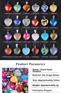 Sélection de pendentifs en forme de cœur de 16mm en cristal naturel et agate, 24 styles