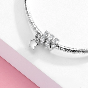 S925 sterling silver beaded bracelet with pave zircon charms and star pendant