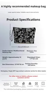 Trousse à maquillage fleurie en lin fin montrant les dimensions et les détails