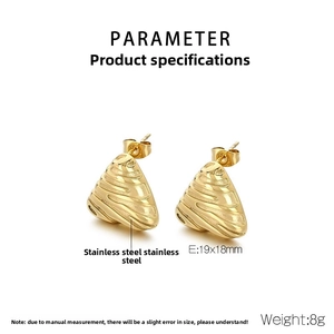 Detail view of gold stainless steel triangle earrings with spiral relief texture and 19x18mm size