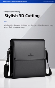 Close-up of black lychee grain PU leather crossbody bag with embossed logo and metal detail
